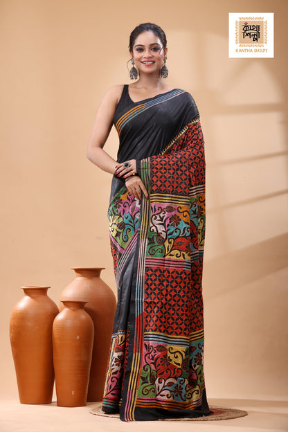 Black Pure Bangalore Silk Multicolor Thread Work Kantha Stitch Saree