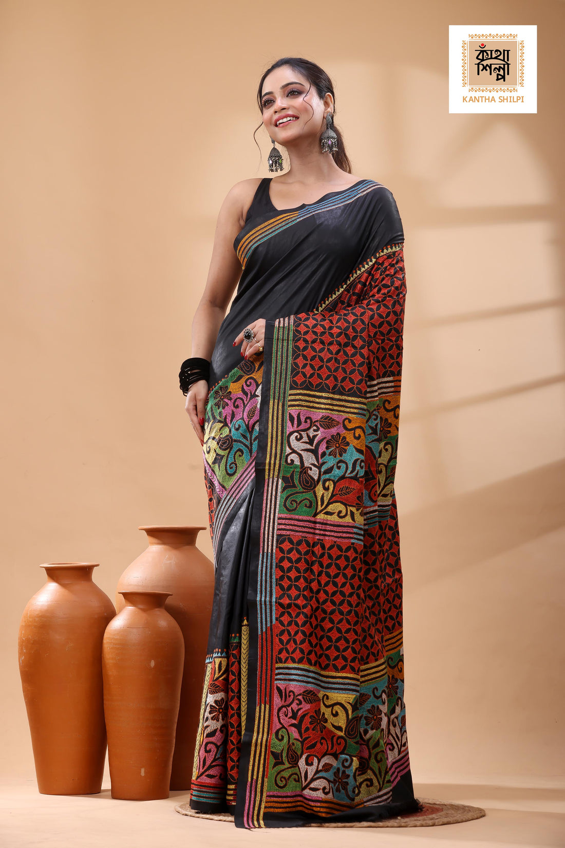 Black Pure Bangalore Silk Multicolor Thread Work Kantha Stitch Saree