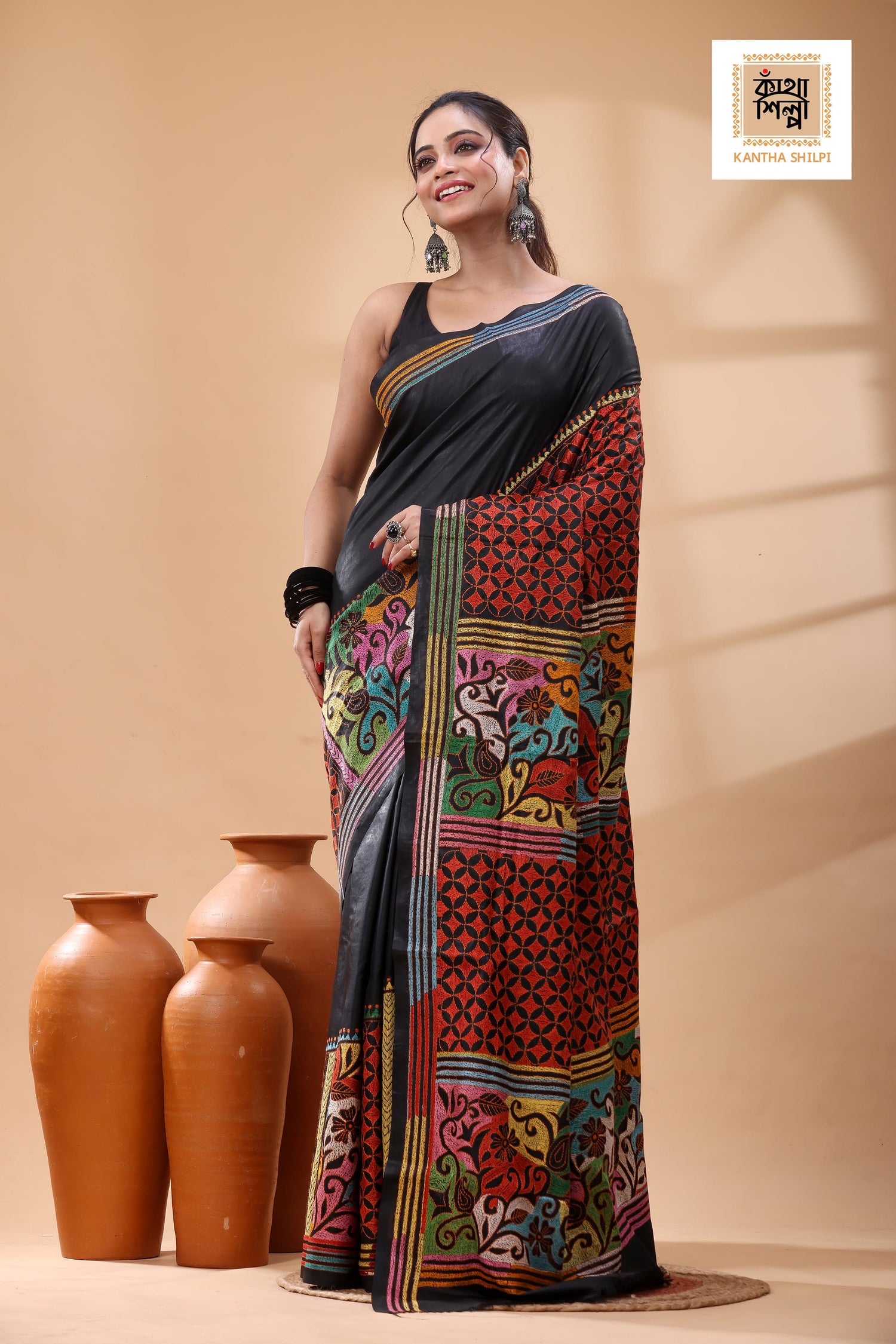 Black Pure Bangalore Silk Multicolor Thread Work Kantha Stitch Saree