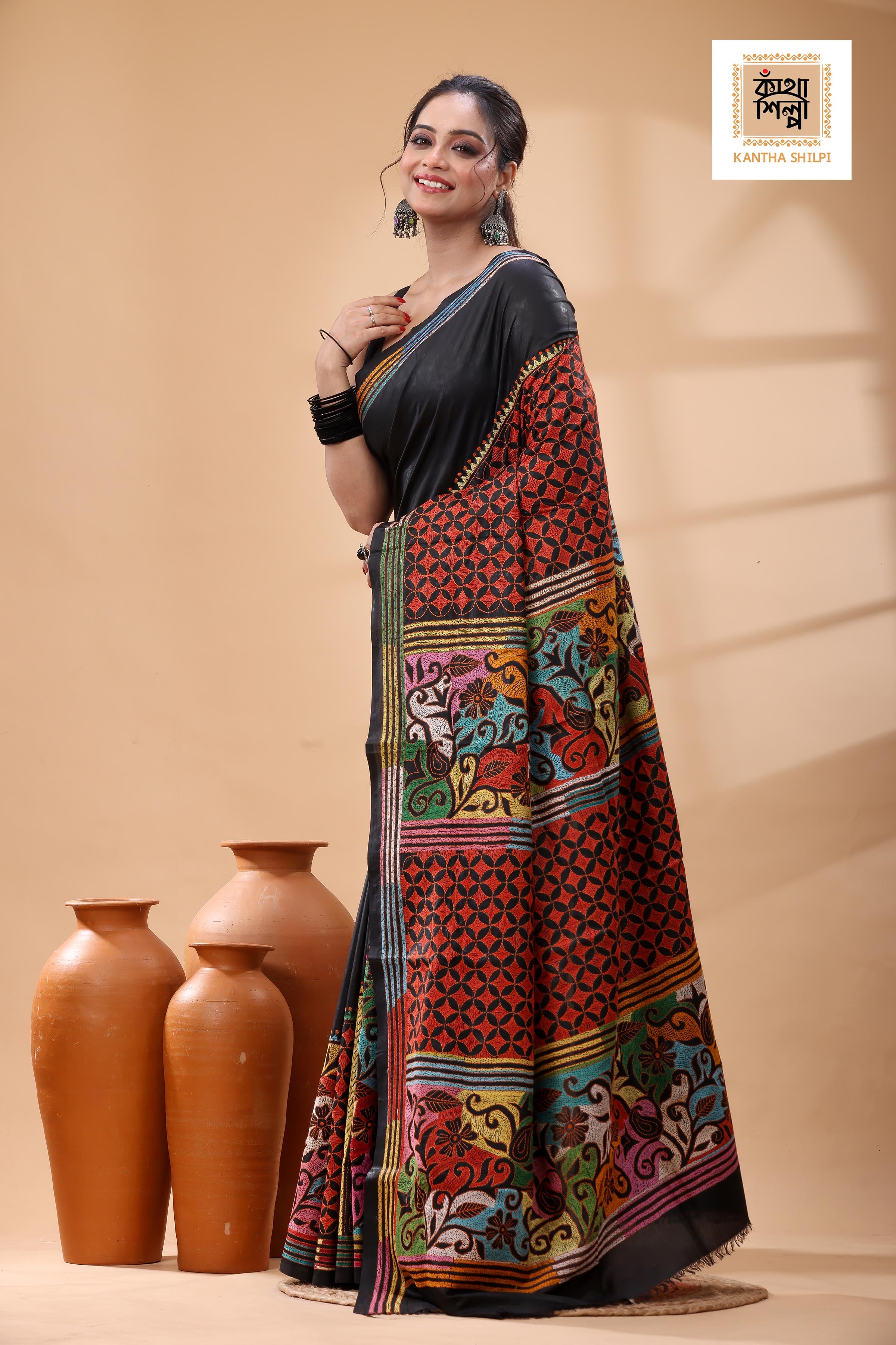 Black Pure Bangalore Silk Multicolor Thread Work Kantha Stitch Saree