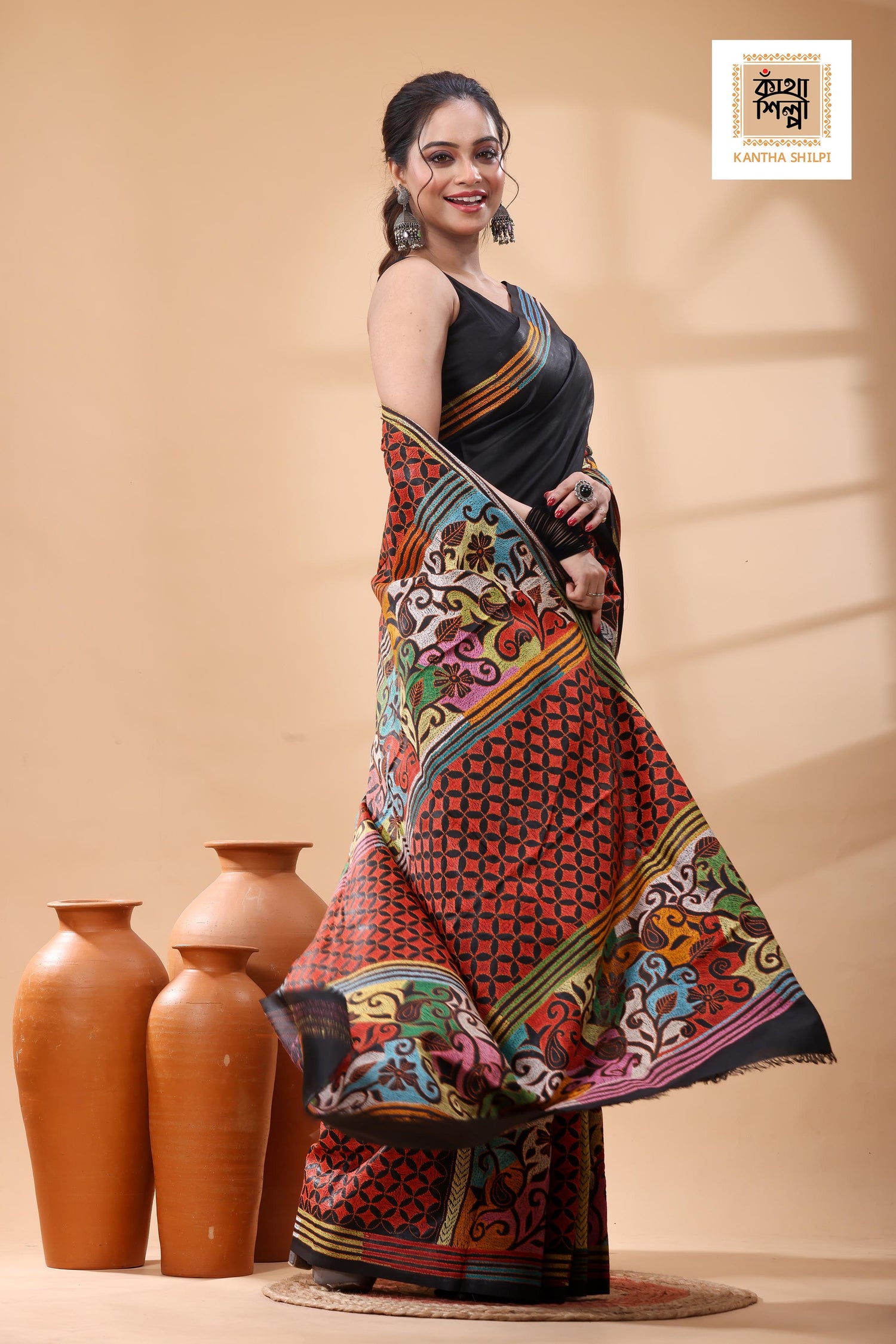 Black Pure Bangalore Silk Multicolor Thread Work Kantha Stitch Saree
