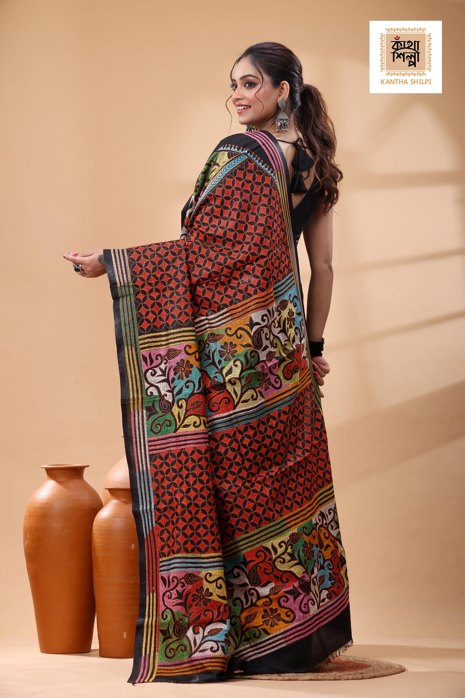Black Pure Bangalore Silk Multicolor Thread Work Kantha Stitch Saree