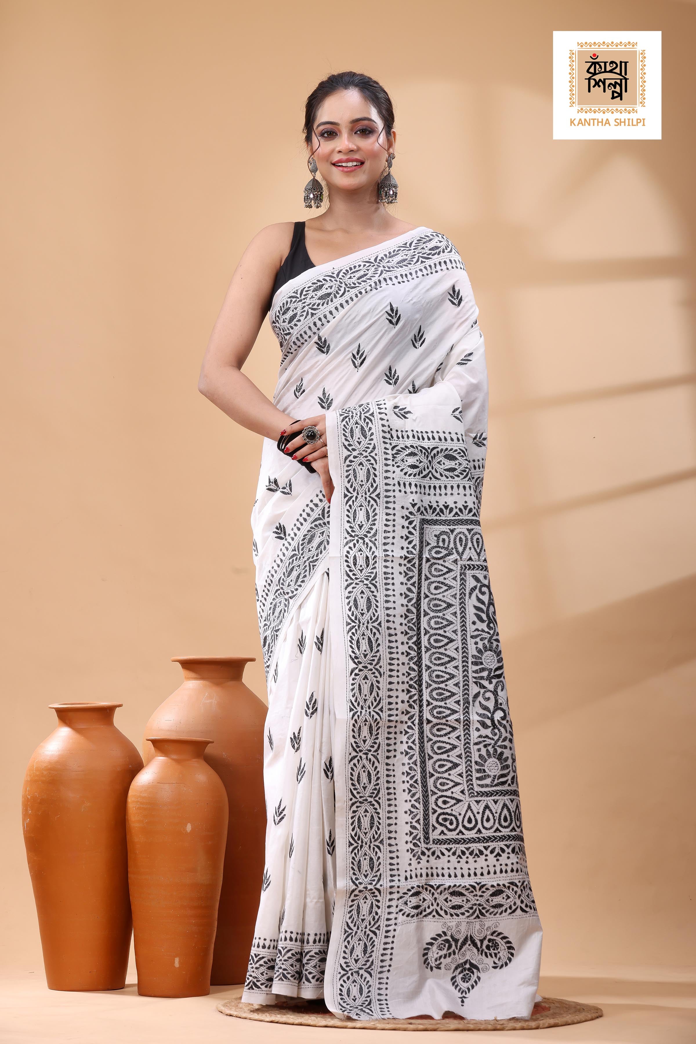 White Pure Bangalore Silk Black Color Thread Work Kantha Stitch Saree