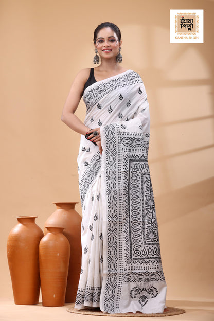 White Pure Bangalore Silk Black Color Thread Work Kantha Stitch Saree