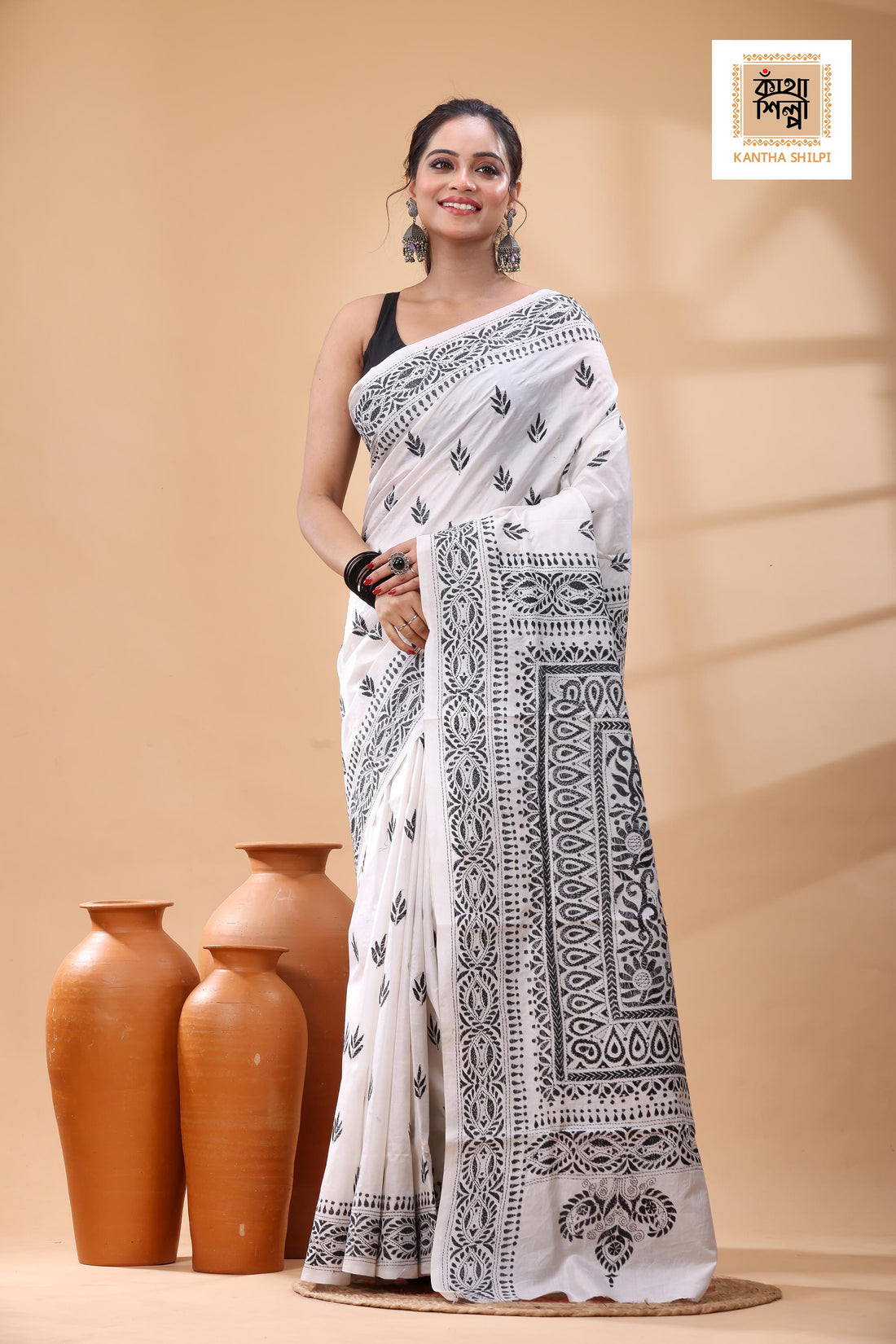 White Pure Bangalore Silk Black Color Thread Work Kantha Stitch Saree