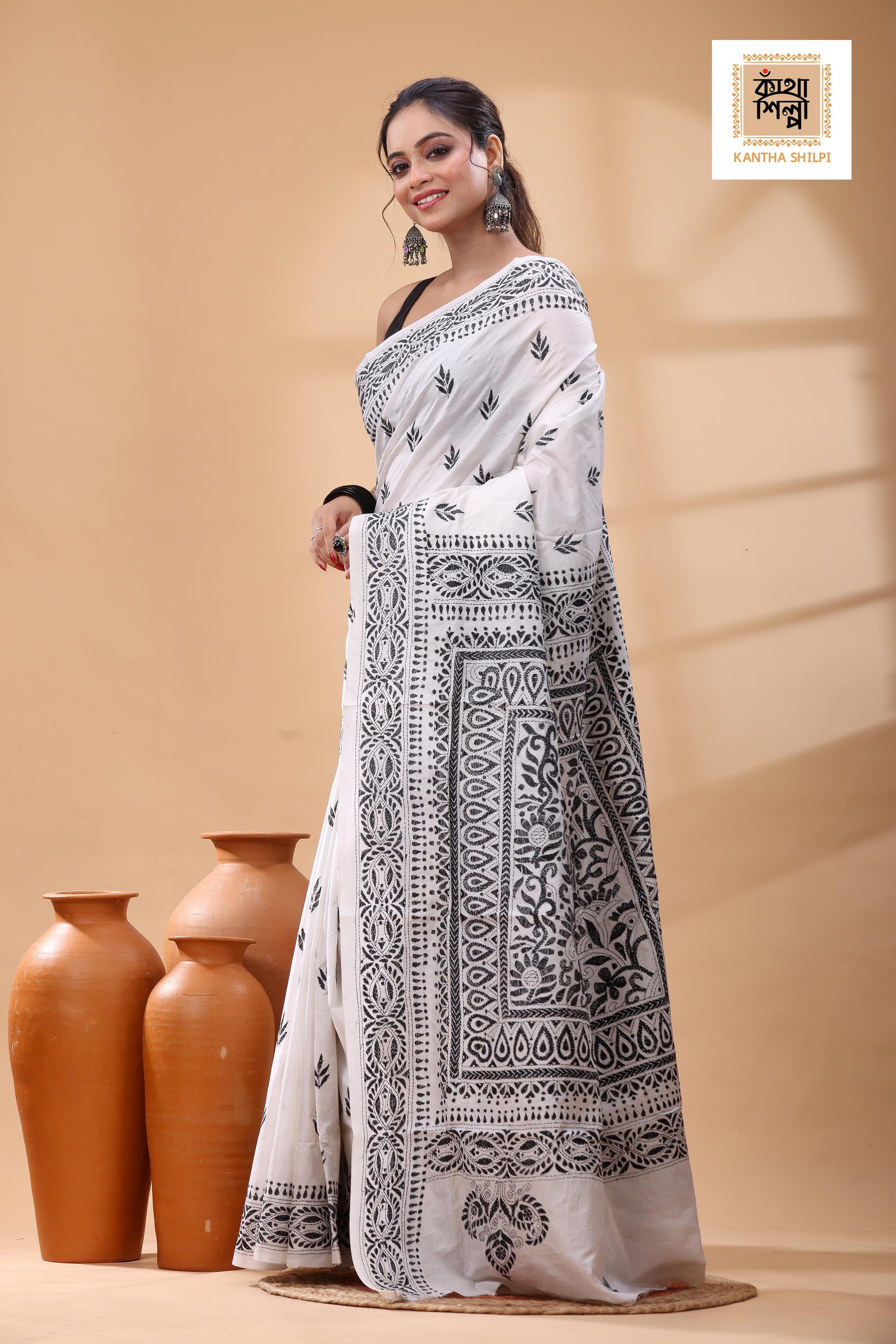 White Pure Bangalore Silk Black Color Thread Work Kantha Stitch Saree