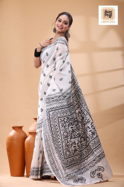 White Pure Bangalore Silk Black Color Thread Work Kantha Stitch Saree