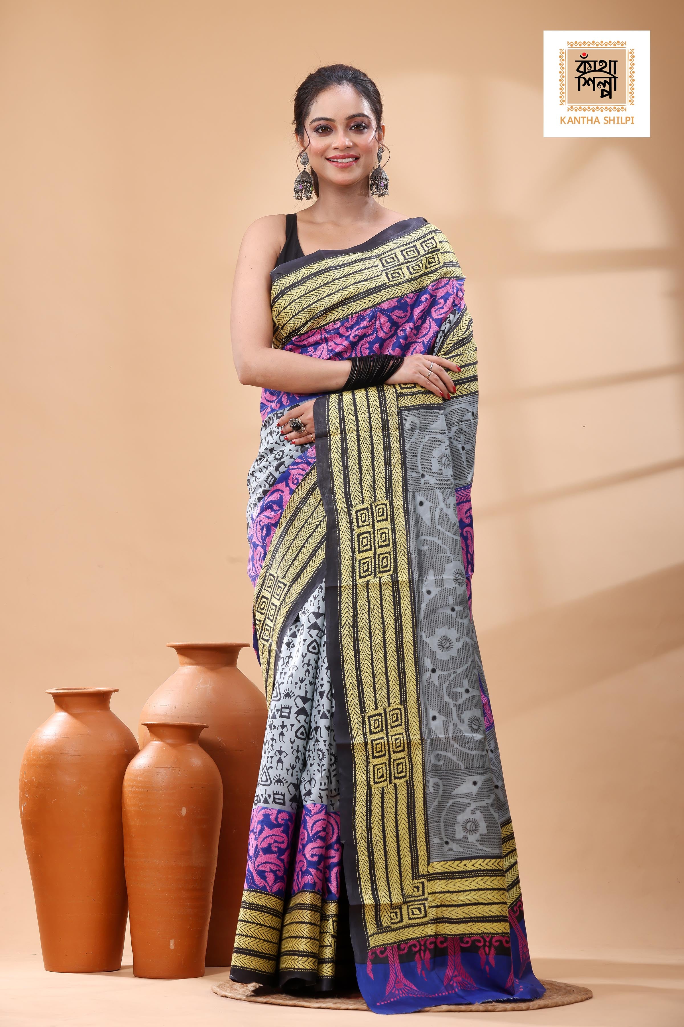 Pure Bangalore Silk Multicolor Thread Work Kantha Stitch Saree