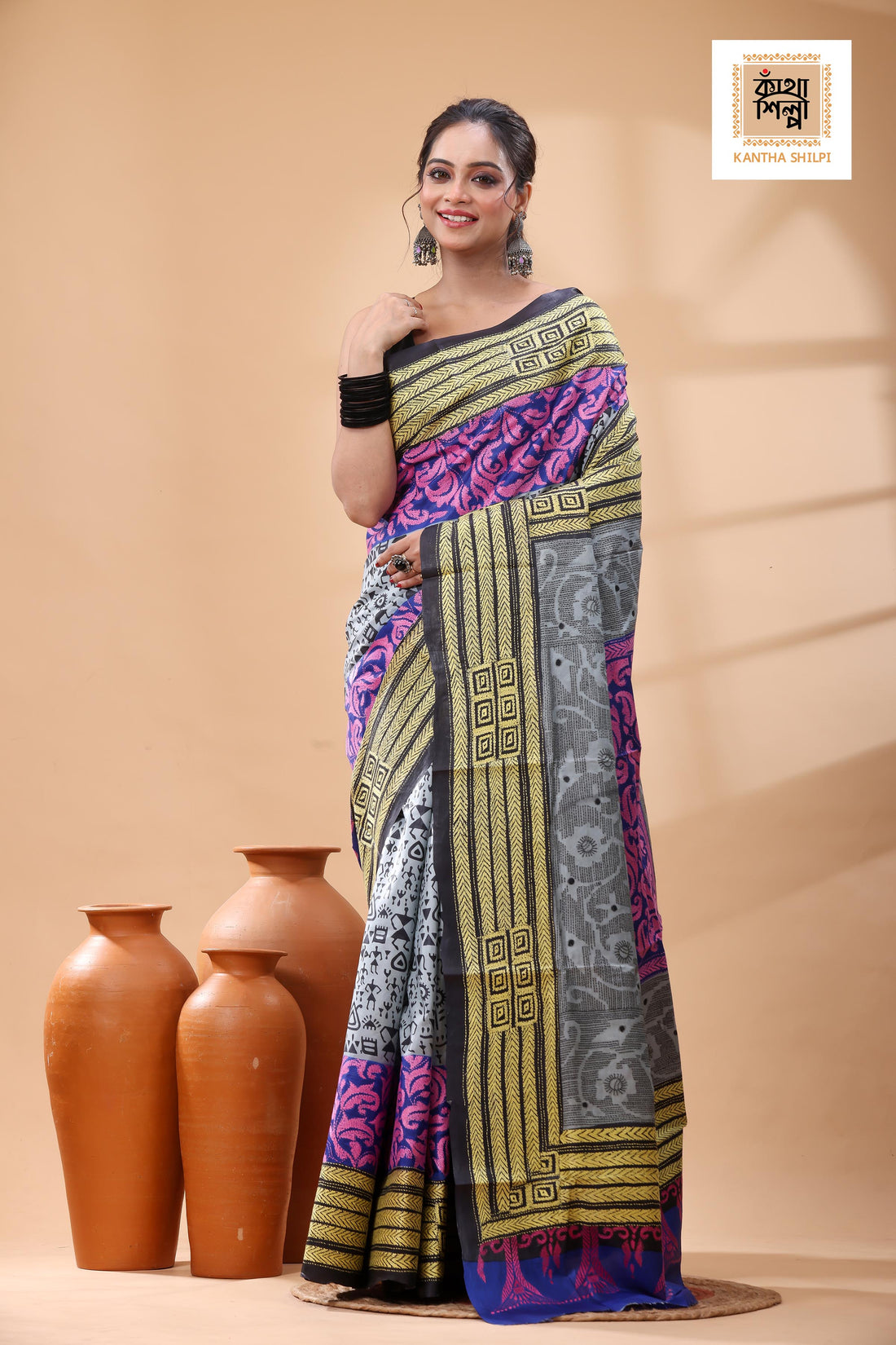 Pure Bangalore Silk Multicolor Thread Work Kantha Stitch Saree