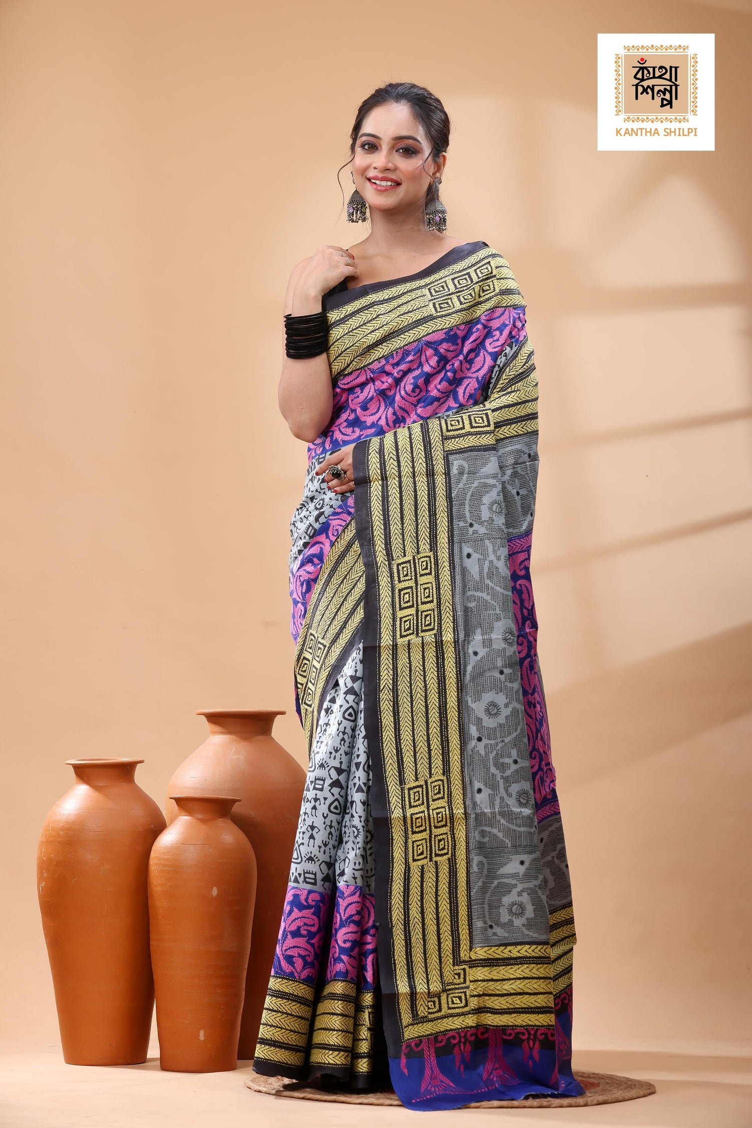 Pure Bangalore Silk Multicolor Thread Work Kantha Stitch Saree