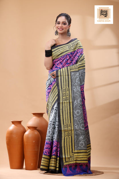 Pure Bangalore Silk Multicolor Thread Work Kantha Stitch Saree