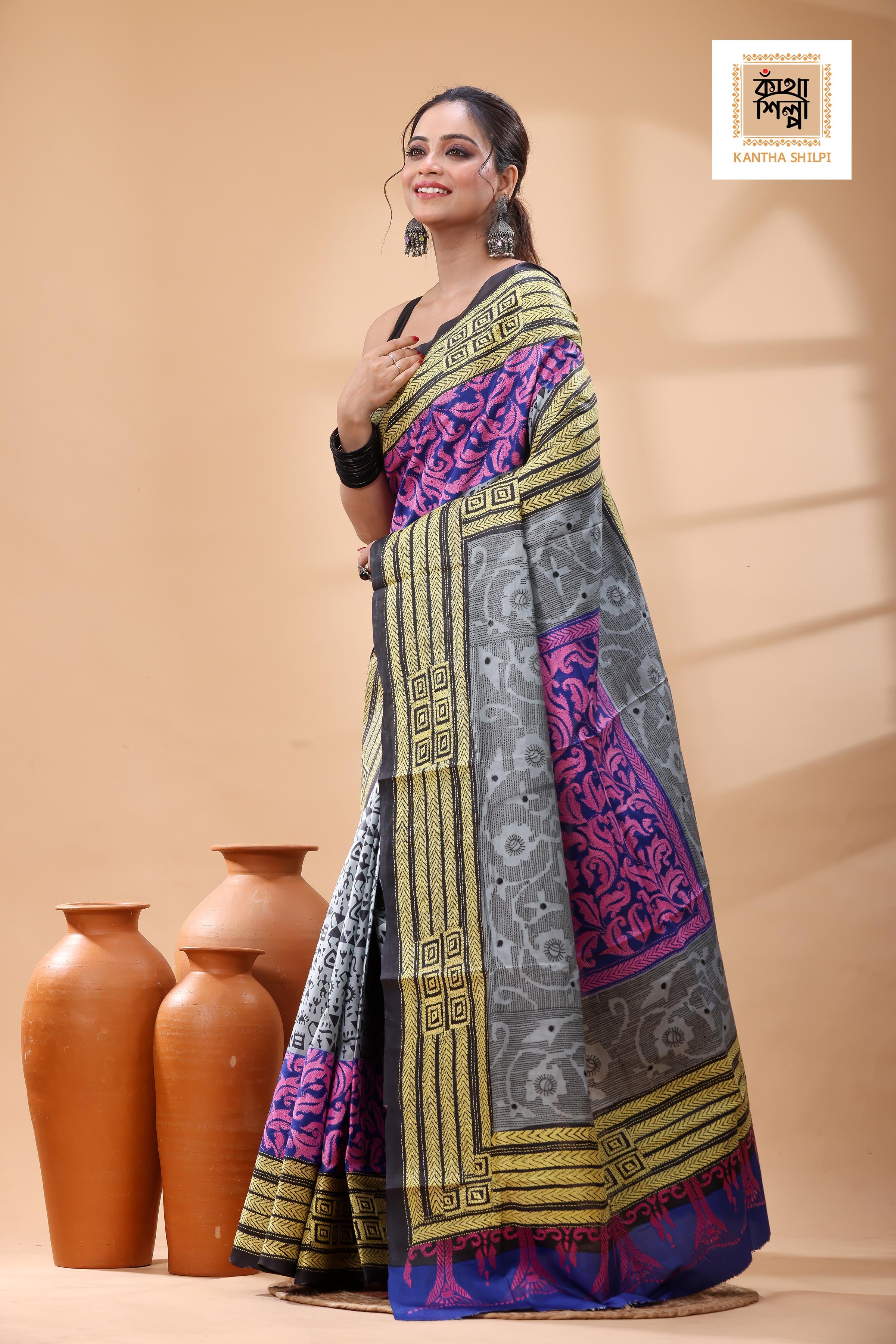 Pure Bangalore Silk Multicolor Thread Work Kantha Stitch Saree