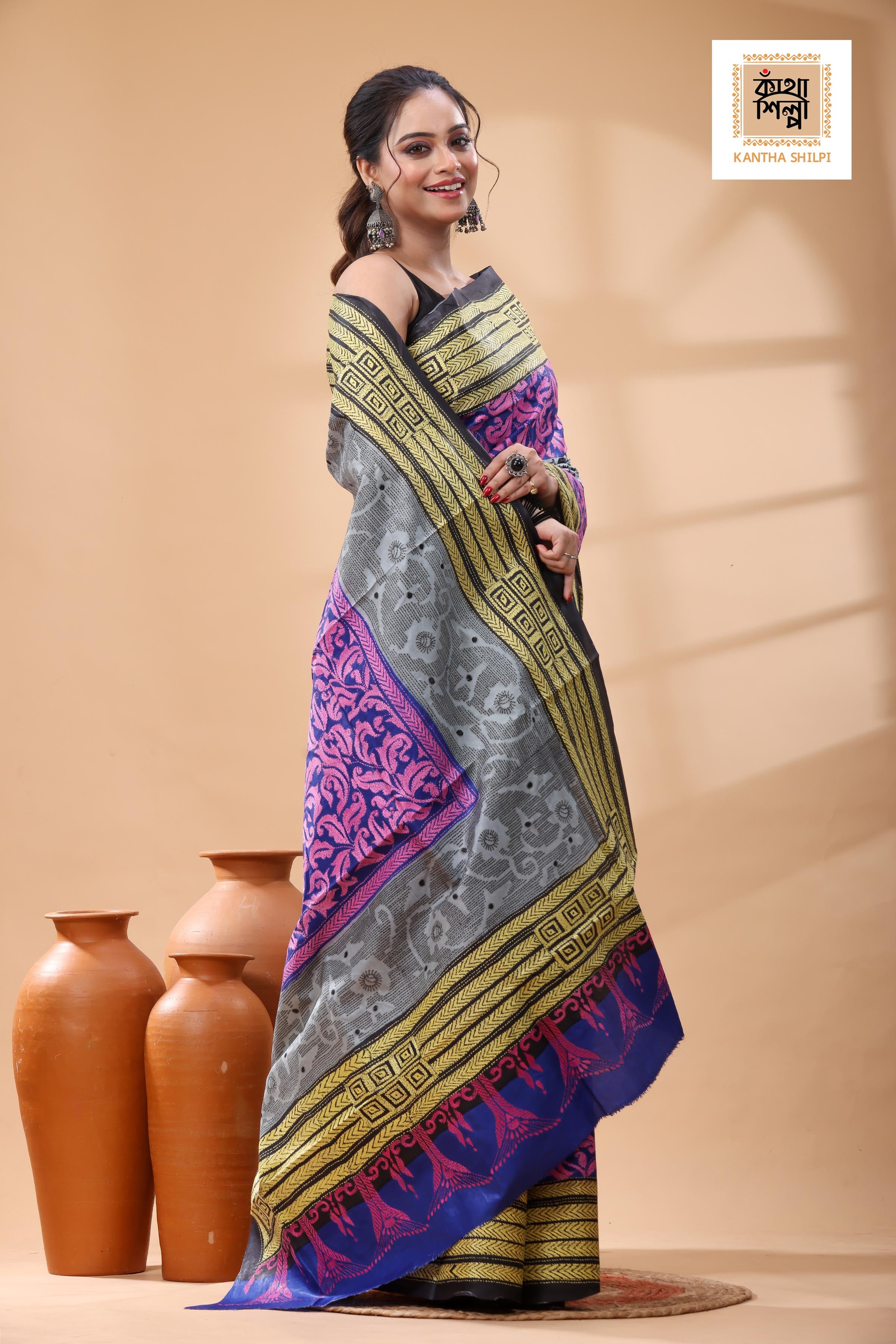 Pure Bangalore Silk Multicolor Thread Work Kantha Stitch Saree