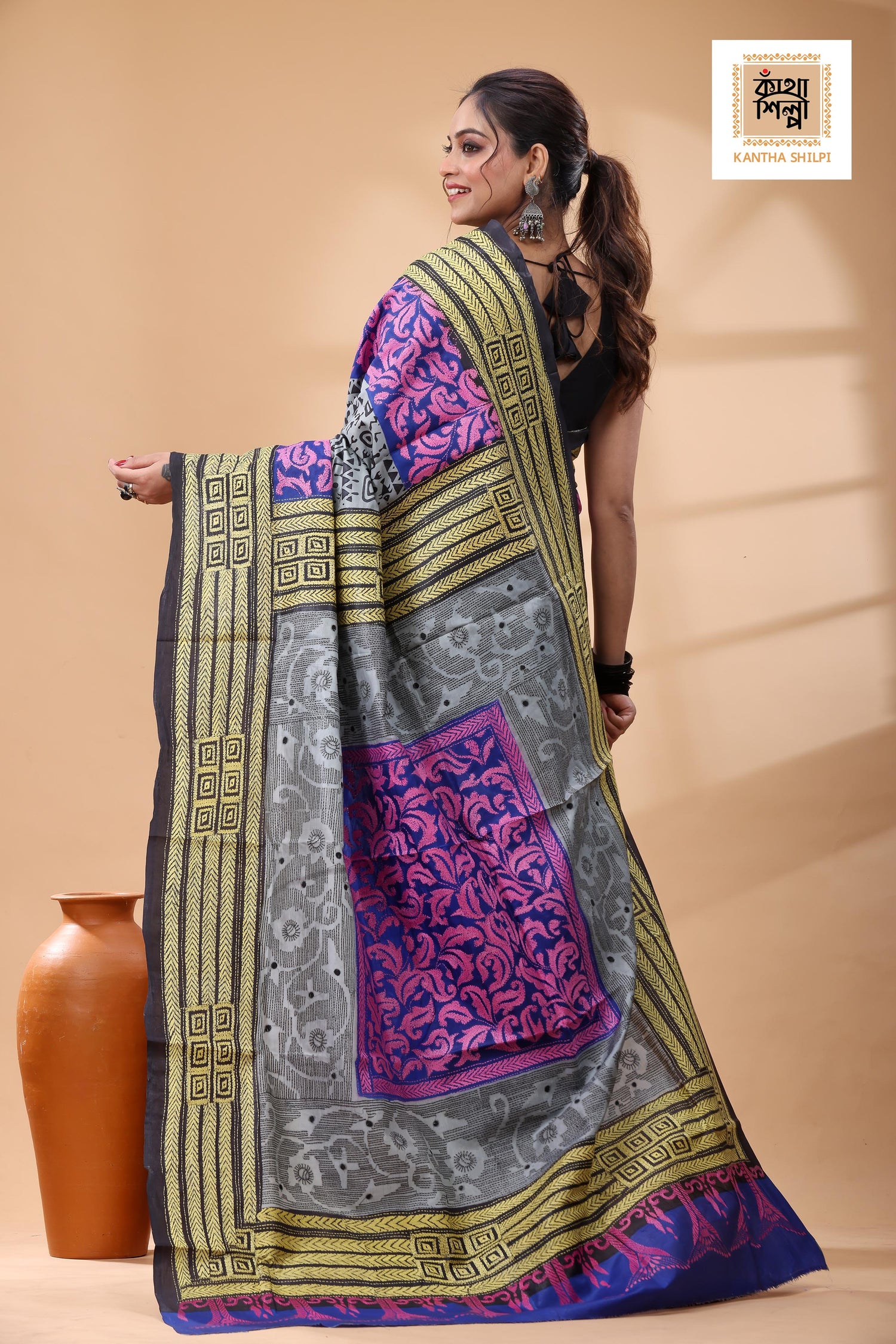 Pure Bangalore Silk Multicolor Thread Work Kantha Stitch Saree