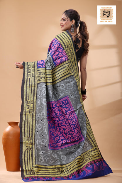Pure Bangalore Silk Multicolor Thread Work Kantha Stitch Saree