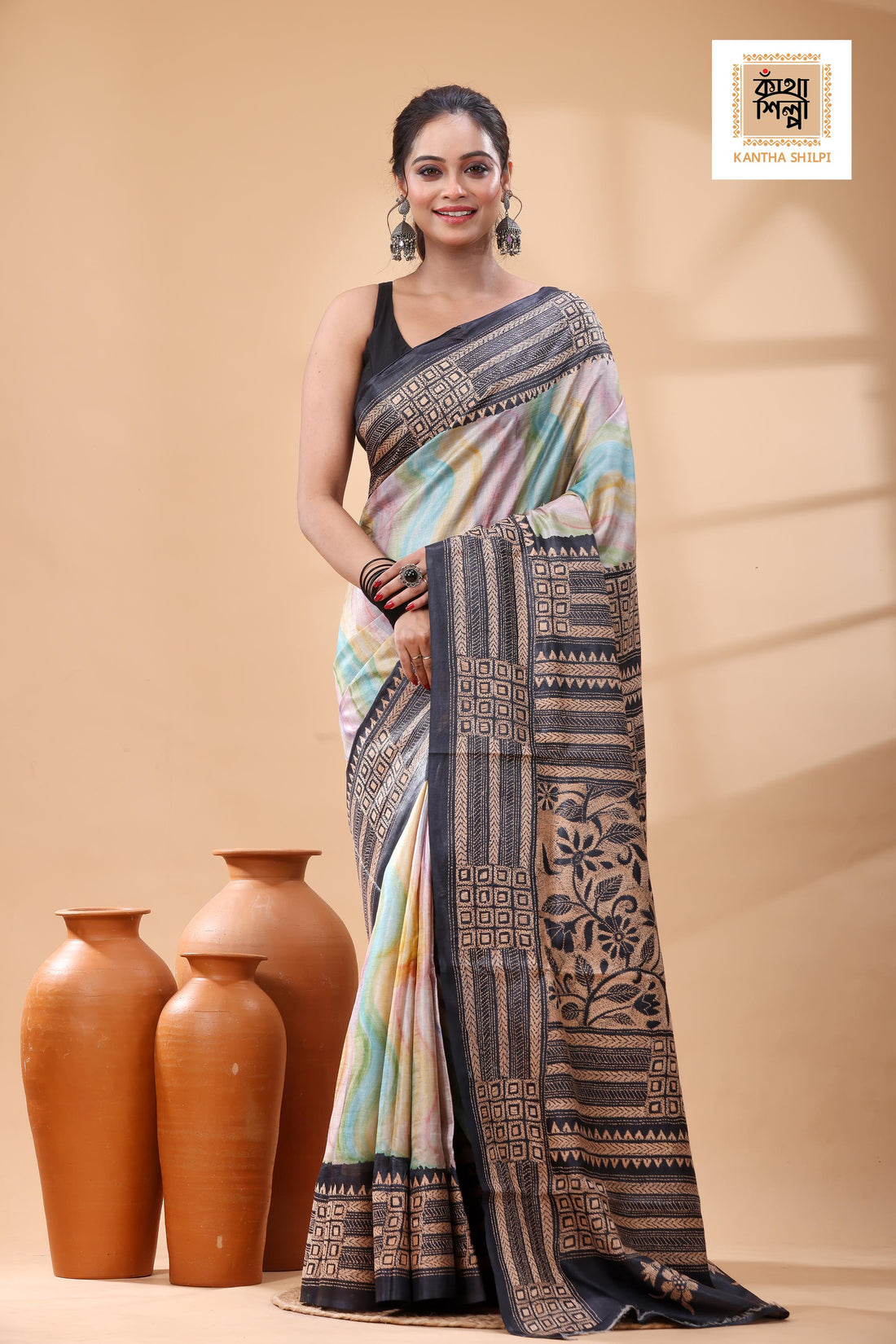 Pure Dye Gachi Tussar Beige Color Thread Work Kantha Stitch Saree