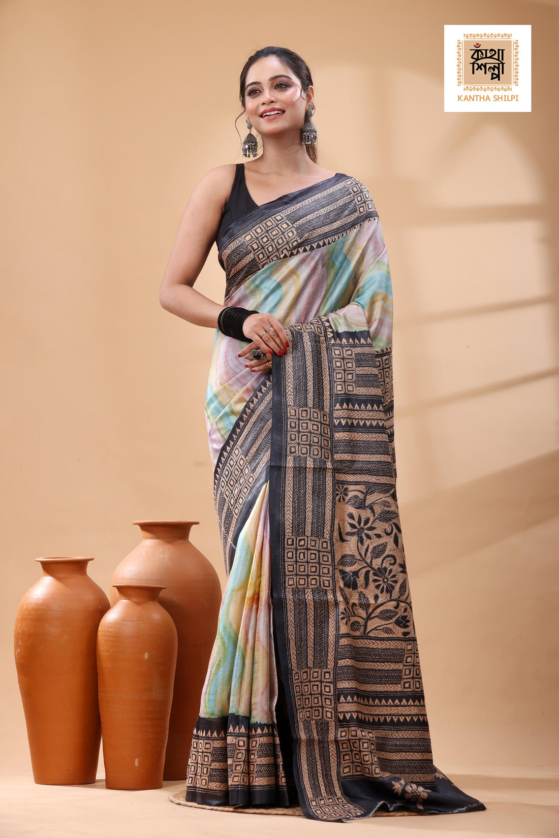 Pure Dye Gachi Tussar Beige Color Thread Work Kantha Stitch Saree