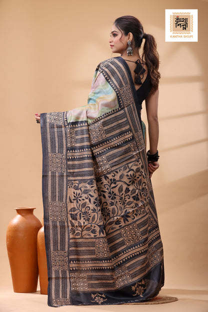Pure Dye Gachi Tussar Beige Color Thread Work Kantha Stitch Saree