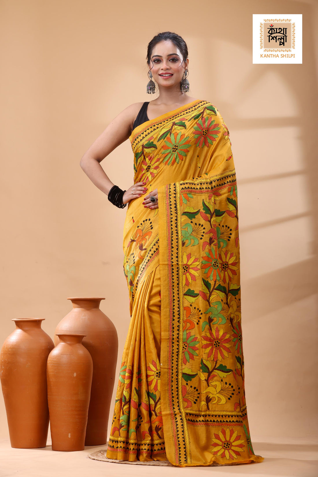 Pure Dye Gachi Tussar Multicolor Thread Work Kantha Stitch Saree