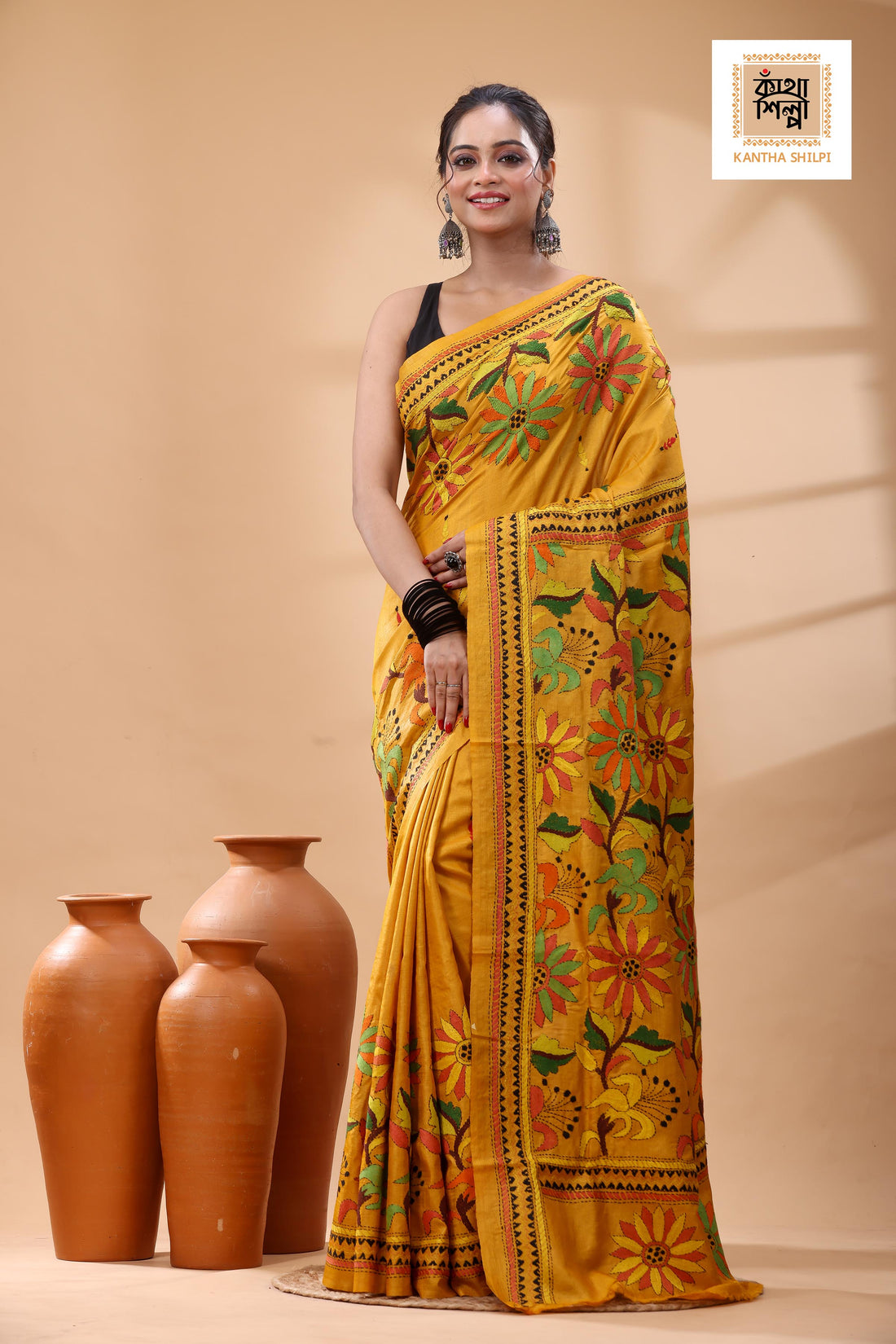 Pure Dye Gachi Tussar Multicolor Thread Work Kantha Stitch Saree