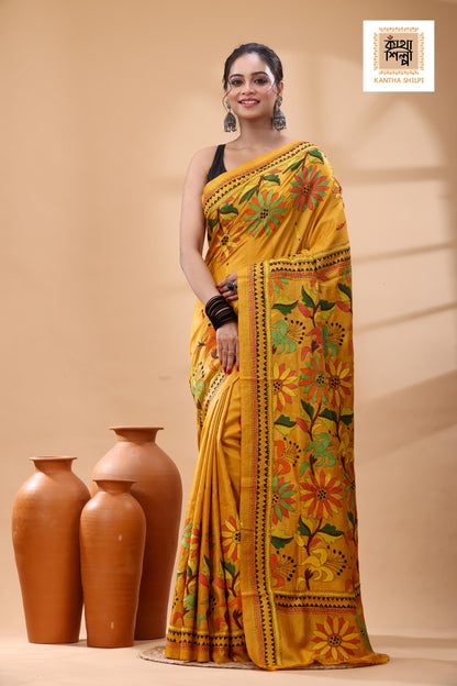 Pure Dye Gachi Tussar Multicolor Thread Work Kantha Stitch Saree