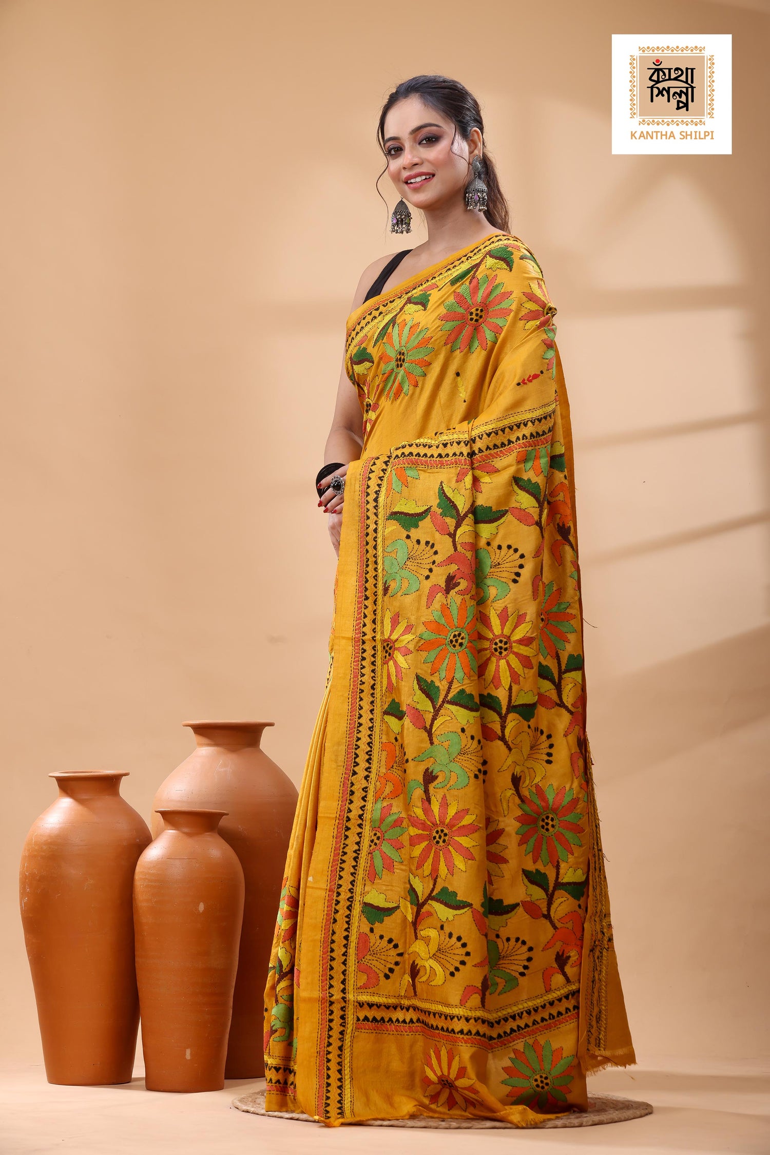 Pure Dye Gachi Tussar Multicolor Thread Work Kantha Stitch Saree