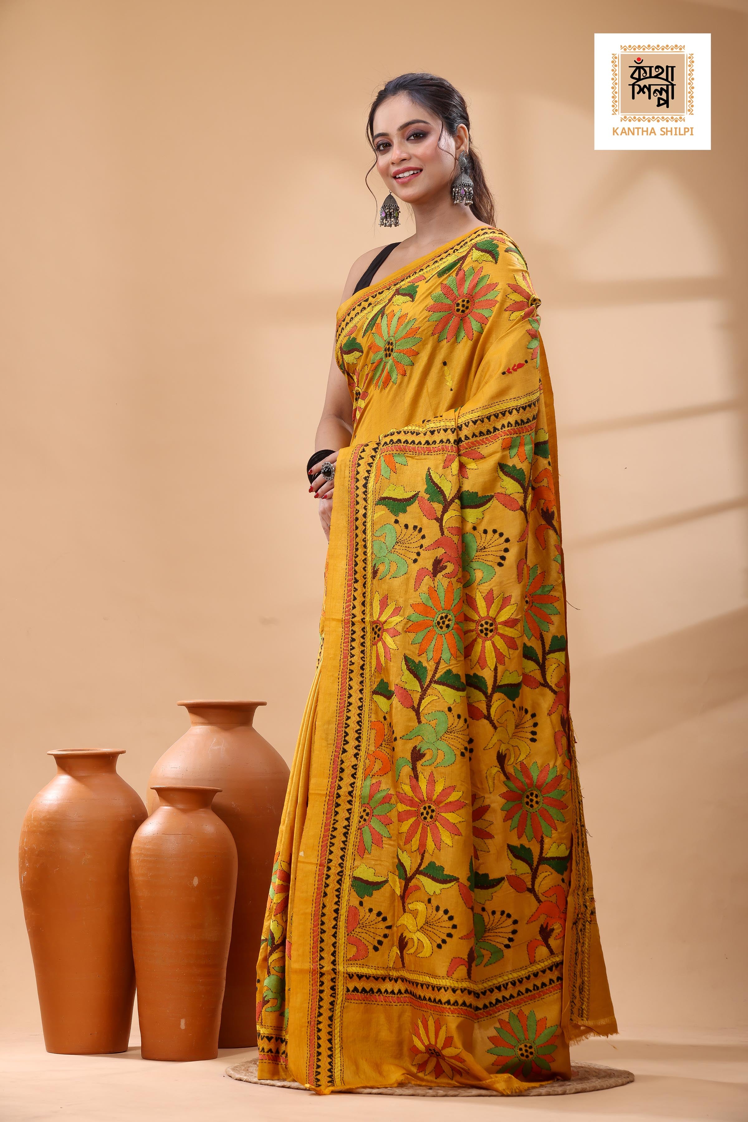 Pure Dye Gachi Tussar Multicolor Thread Work Kantha Stitch Saree