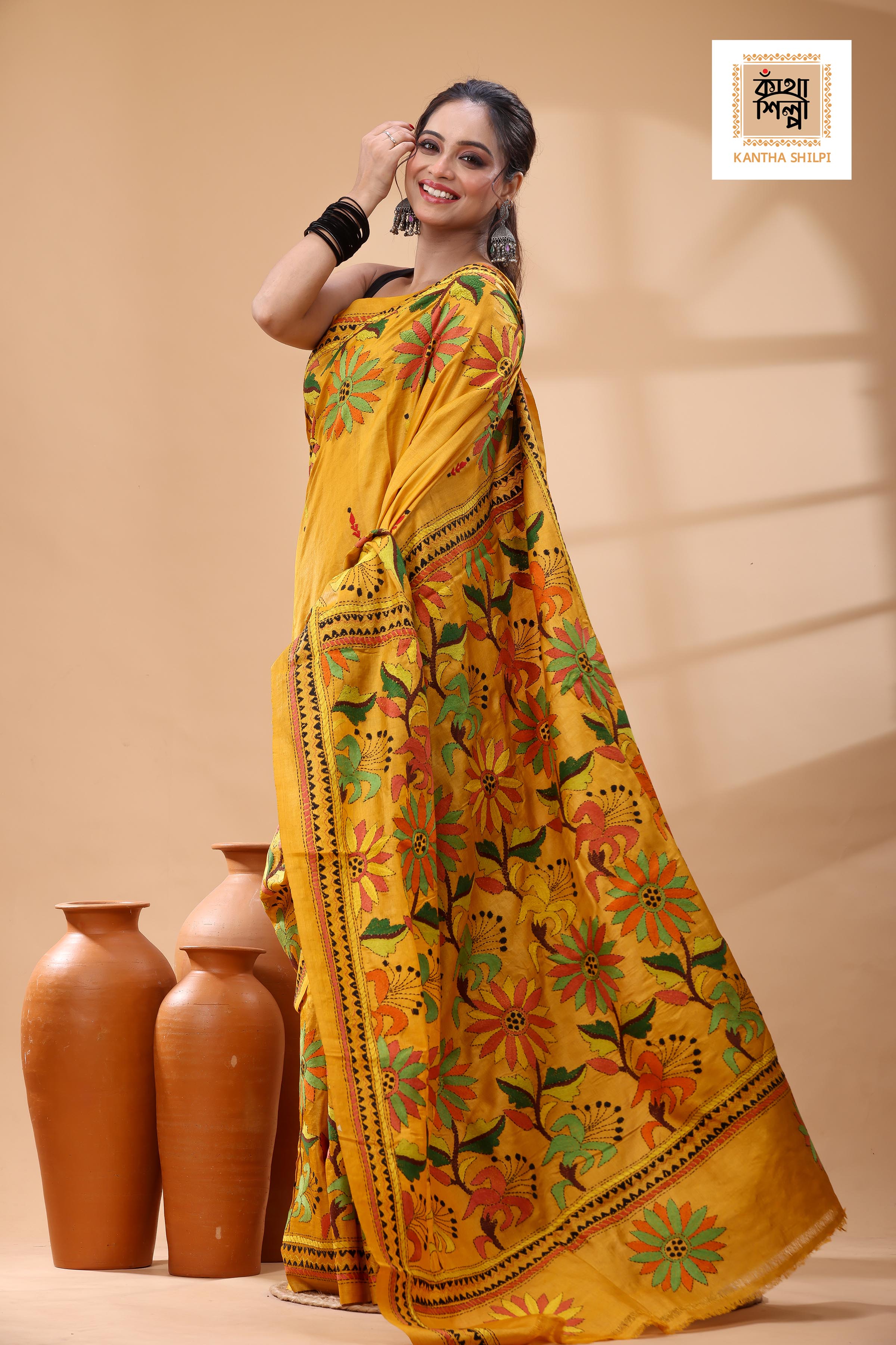 Pure Dye Gachi Tussar Multicolor Thread Work Kantha Stitch Saree