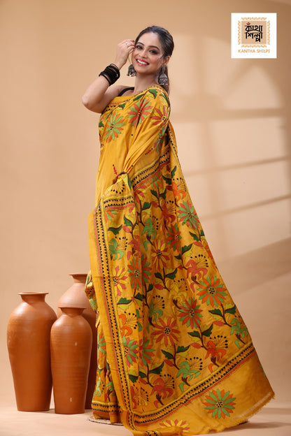 Pure Dye Gachi Tussar Multicolor Thread Work Kantha Stitch Saree
