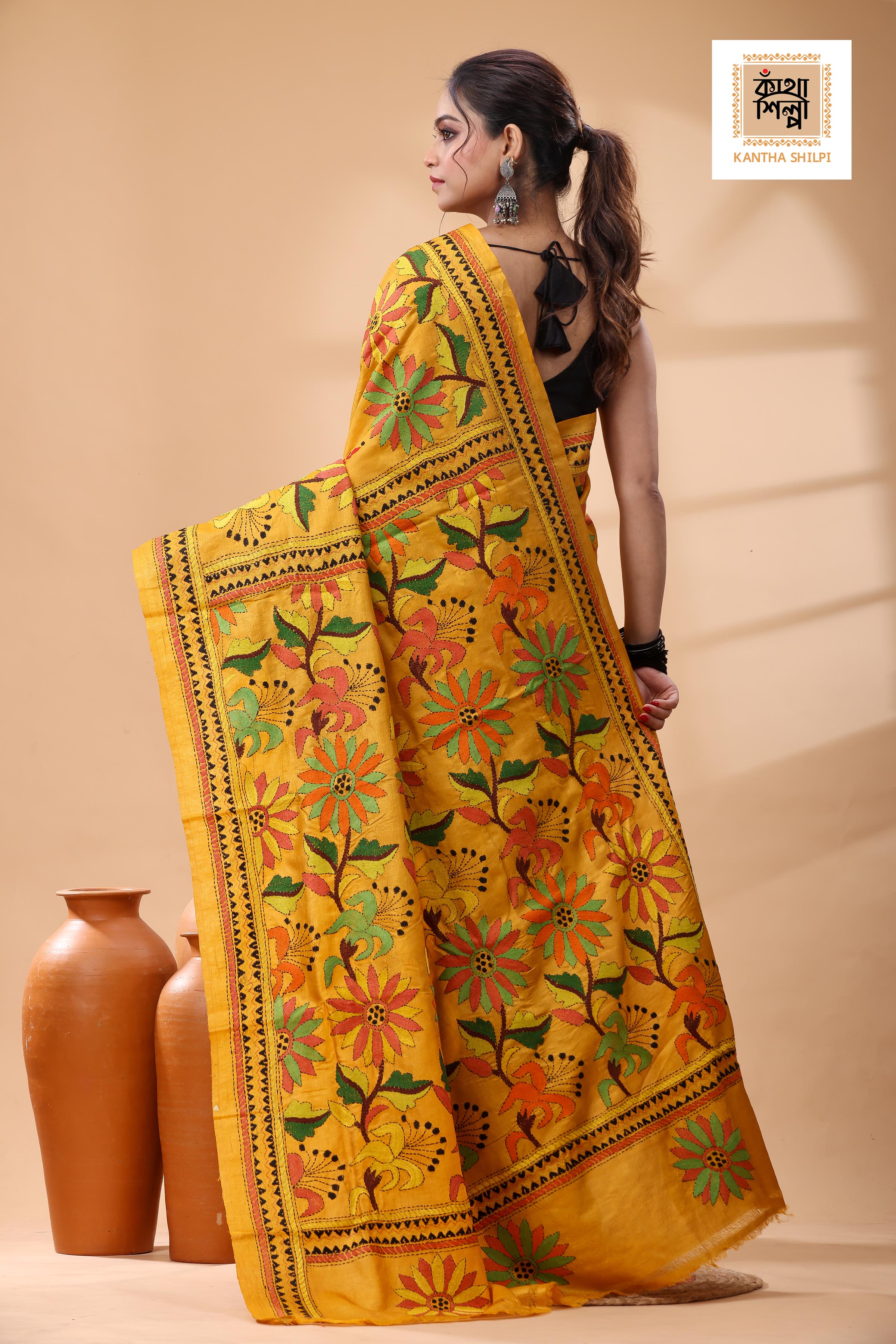 Pure Dye Gachi Tussar Multicolor Thread Work Kantha Stitch Saree