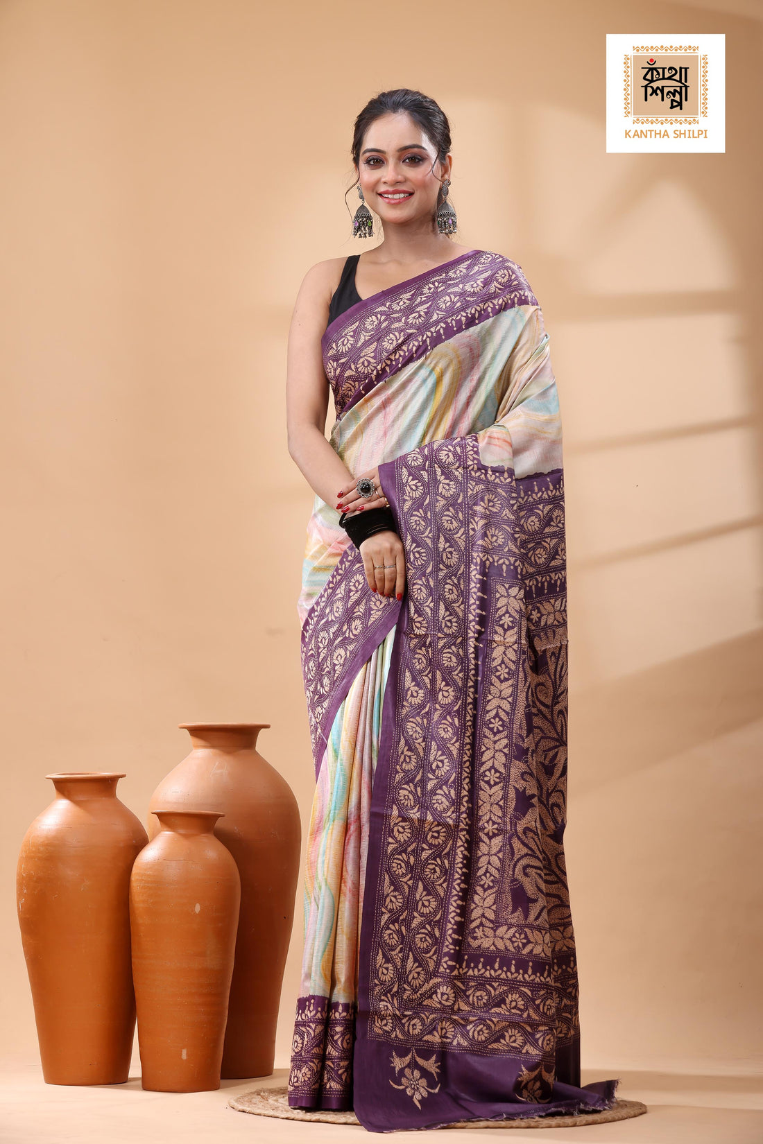 Pure Dye Gachi Tussar Beige Color Thread Work Kantha Stitch Saree