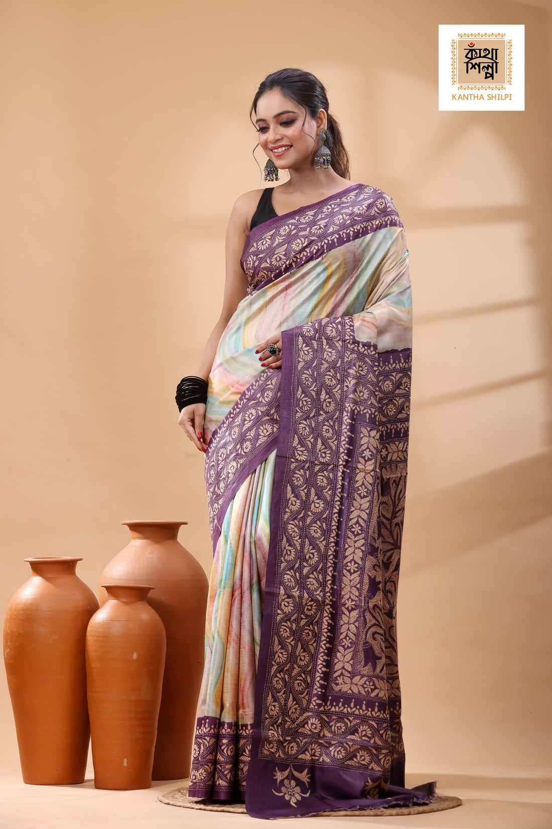 Pure Dye Gachi Tussar Beige Color Thread Work Kantha Stitch Saree