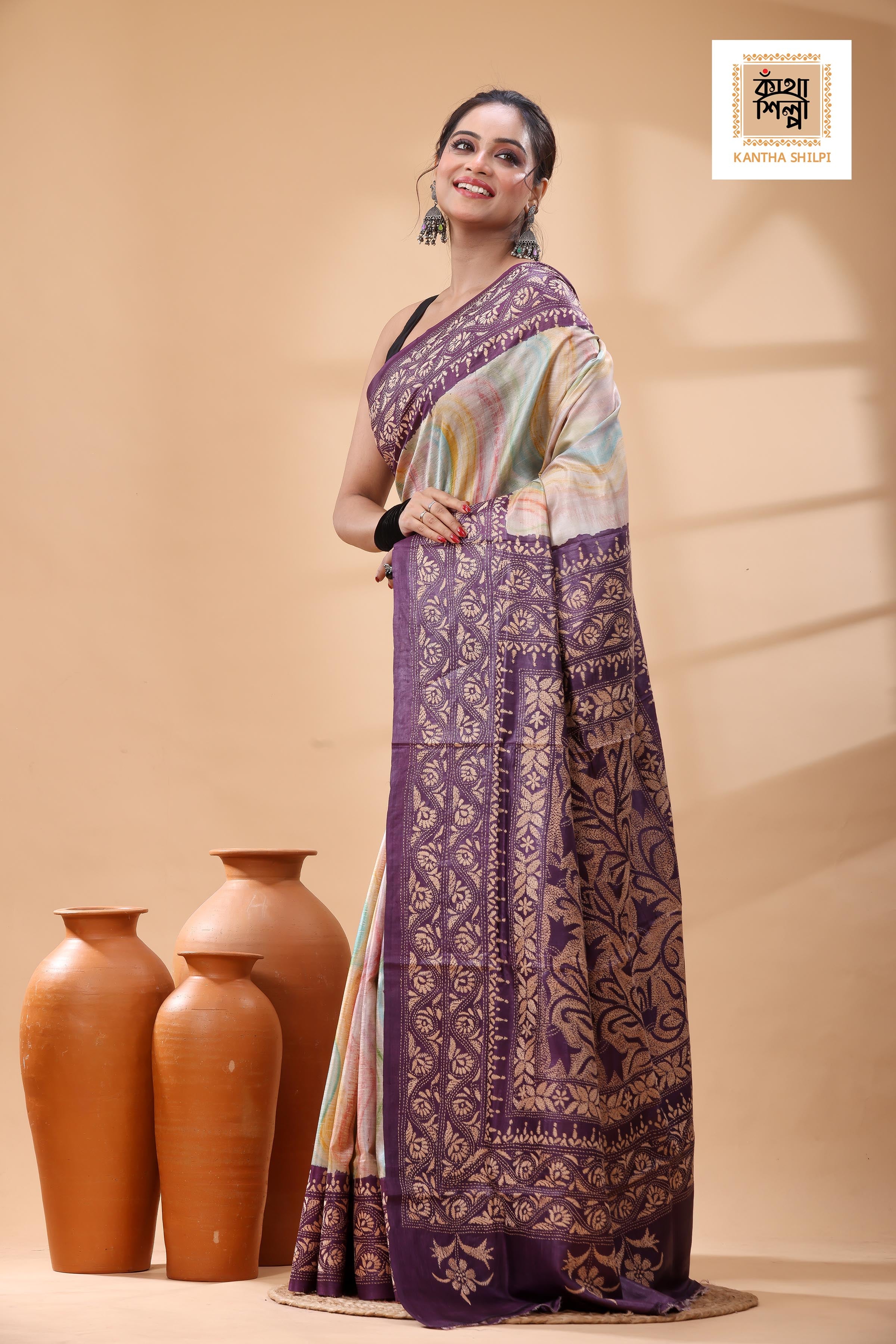 Pure Dye Gachi Tussar Beige Color Thread Work Kantha Stitch Saree