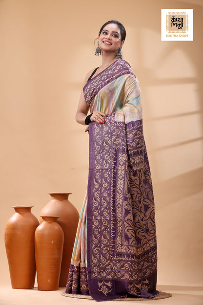 Pure Dye Gachi Tussar Beige Color Thread Work Kantha Stitch Saree