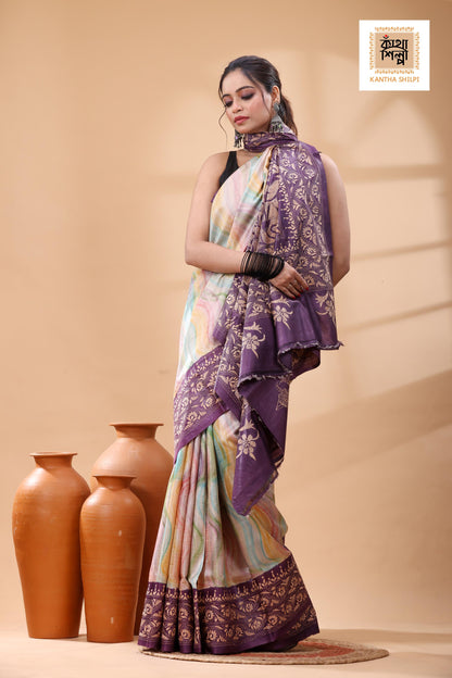 Pure Dye Gachi Tussar Beige Color Thread Work Kantha Stitch Saree