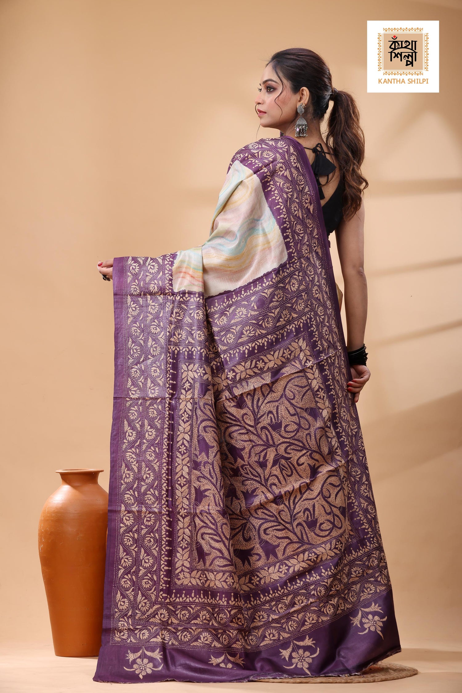 Pure Dye Gachi Tussar Beige Color Thread Work Kantha Stitch Saree