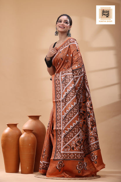 Pure Dye Gachi Tussar Black-White Color Thread Work Kantha Stitch Saree