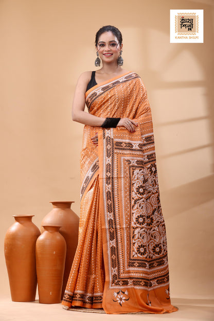 Pure Dye Gachi Tussar Black-White Color Thread Work Kantha Stitch Saree