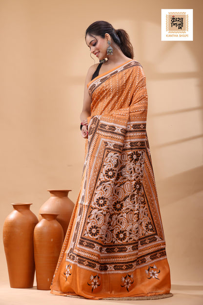 Pure Dye Gachi Tussar Black-White Color Thread Work Kantha Stitch Saree