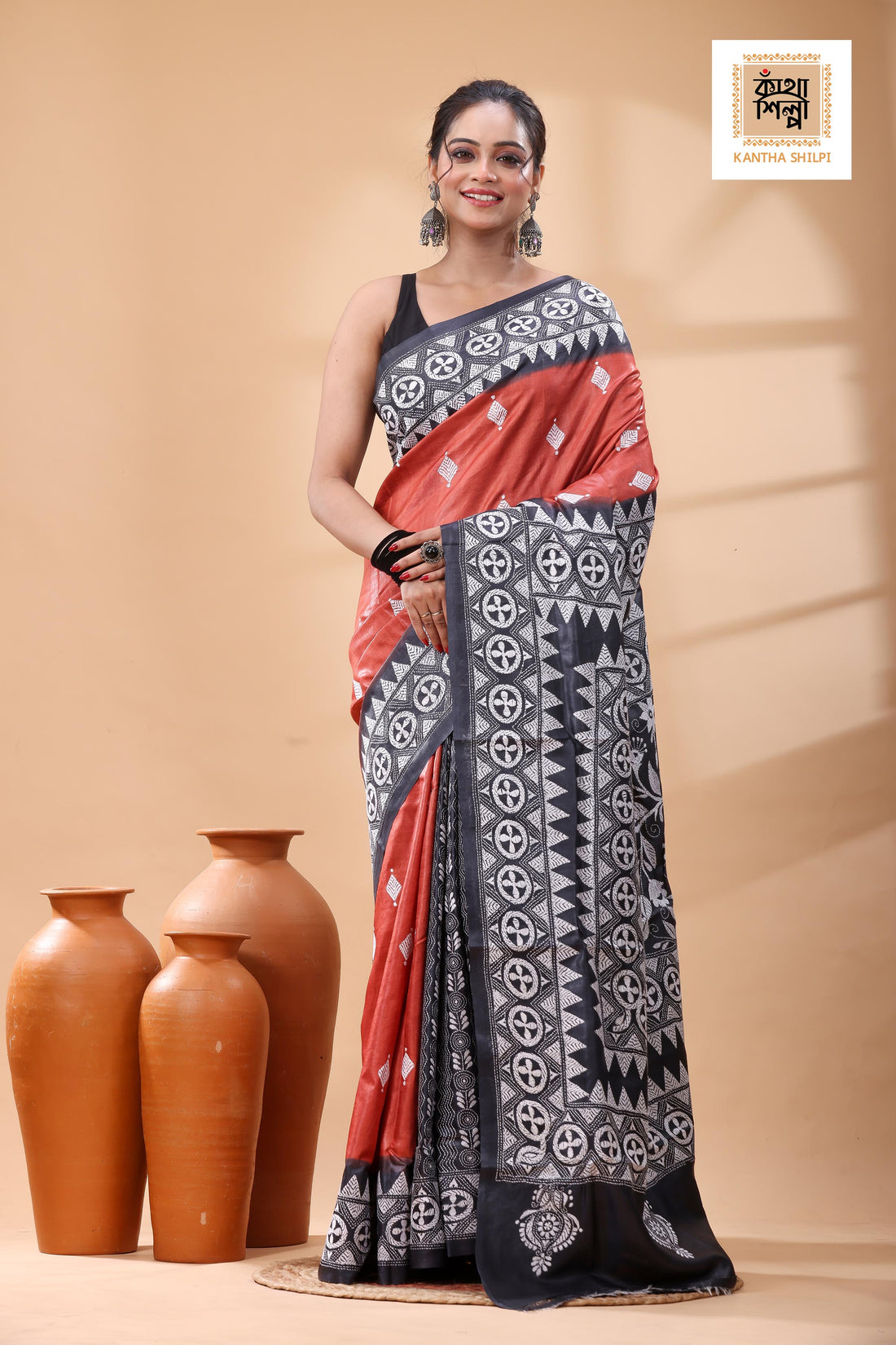 Pure Dye Gachi Tussar White Color Thread Work Kantha Stitch Saree