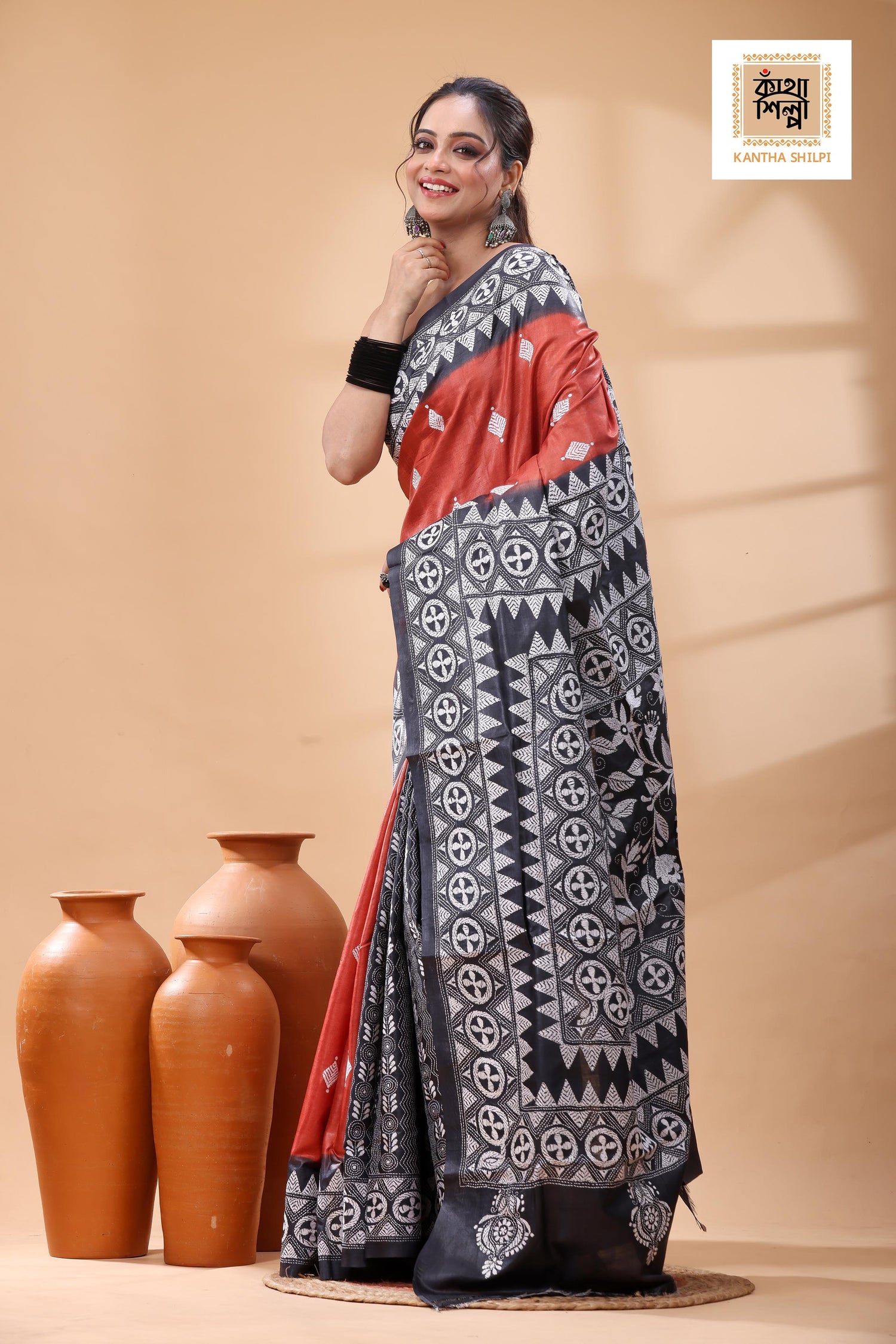 Pure Dye Gachi Tussar White Color Thread Work Kantha Stitch Saree