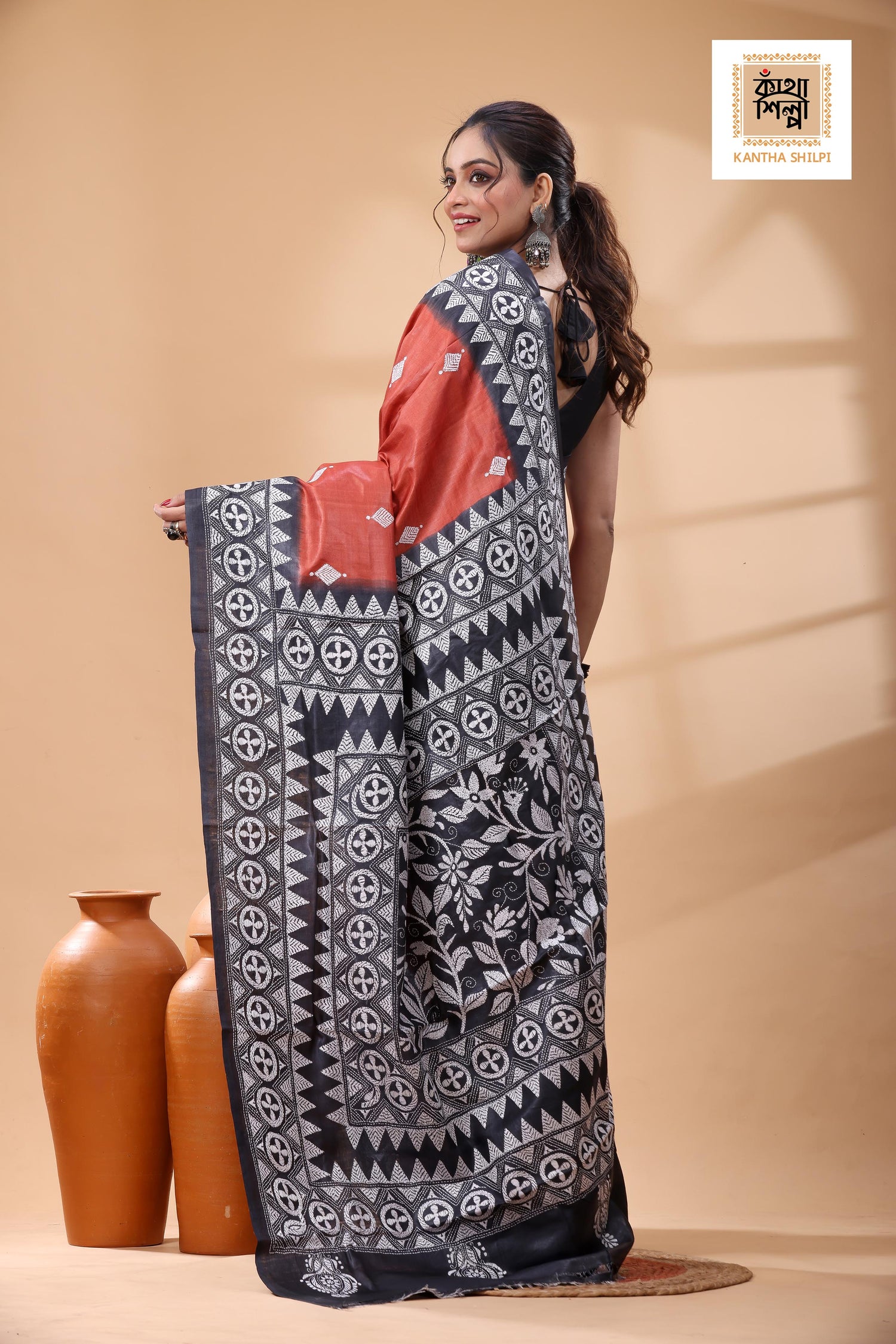 Pure Dye Gachi Tussar White Color Thread Work Kantha Stitch Saree