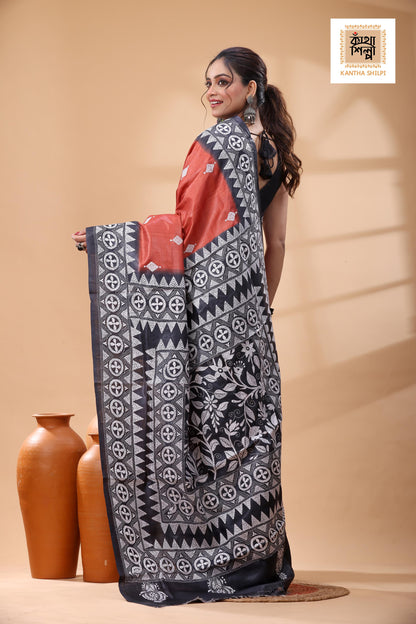 Pure Dye Gachi Tussar White Color Thread Work Kantha Stitch Saree