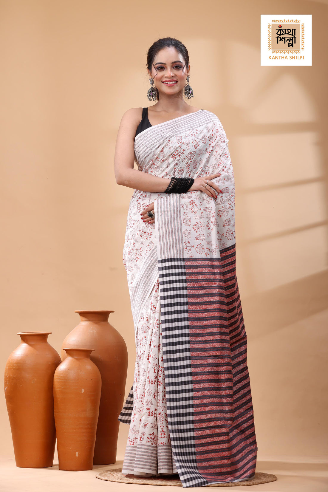 Bishnupuri (Katan) Silk Kantha Stitch Saree