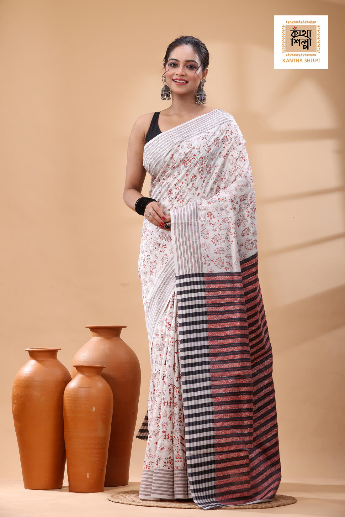 Bishnupuri (Katan) Silk Kantha Stitch Saree