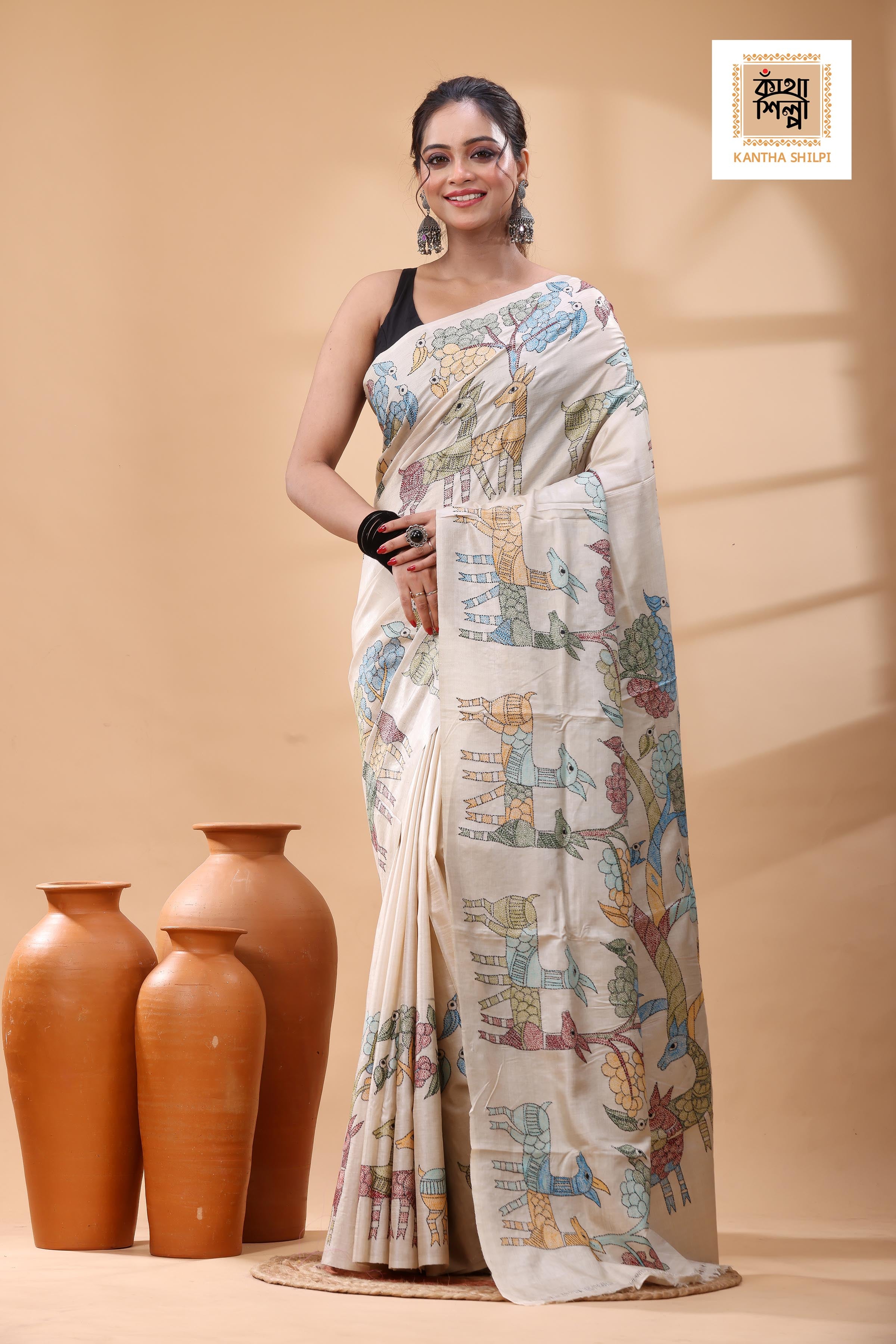 Pure Gachi Tussar Multicolor Thread Work Kantha Stitch Saree