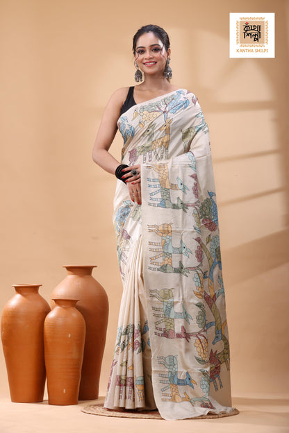 Pure Gachi Tussar Multicolor Thread Work Kantha Stitch Saree
