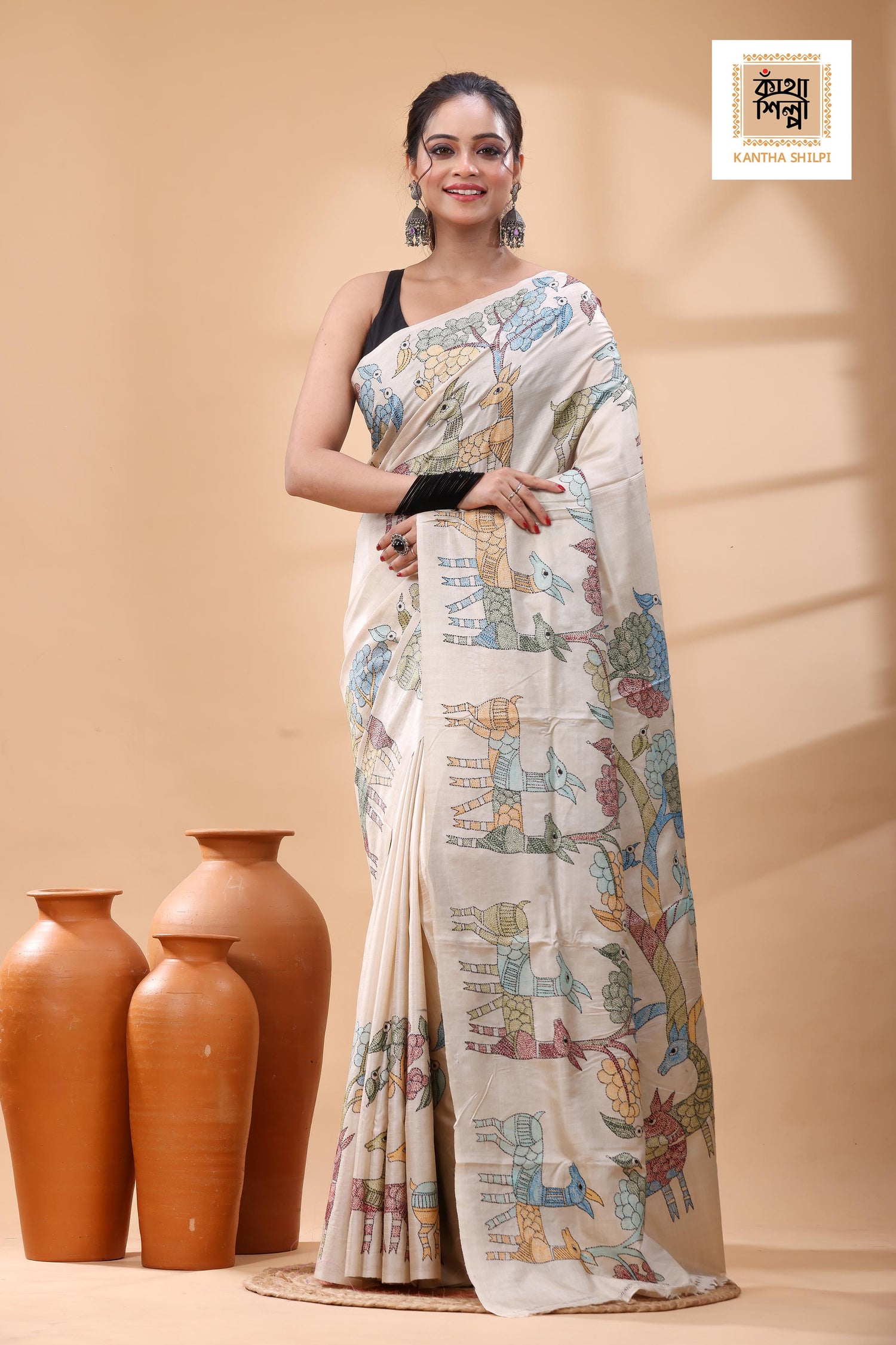 Pure Gachi Tussar Multicolor Thread Work Kantha Stitch Saree