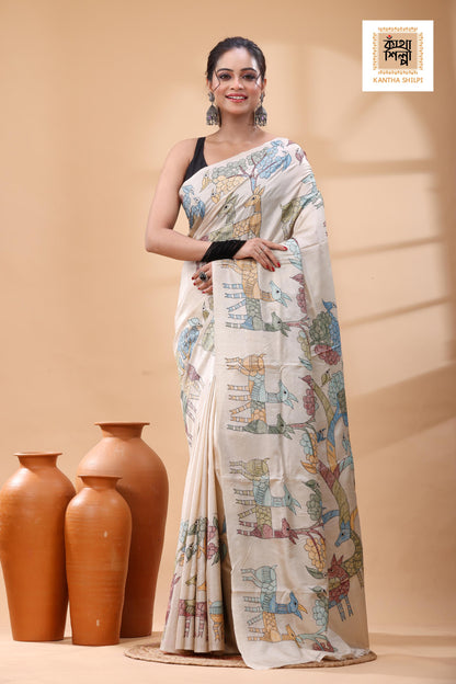 Pure Gachi Tussar Multicolor Thread Work Kantha Stitch Saree
