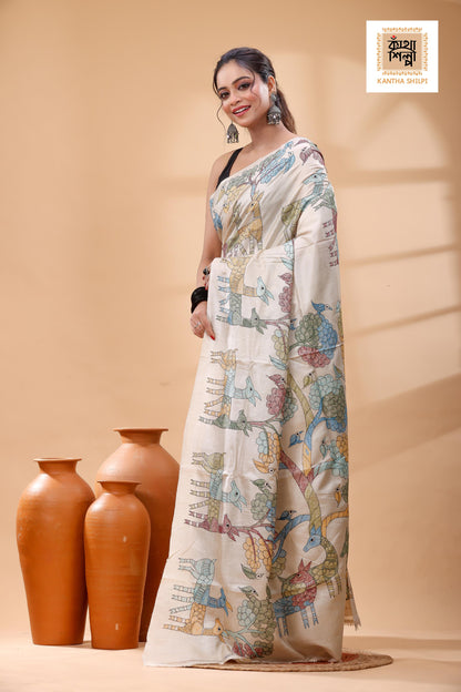 Pure Gachi Tussar Multicolor Thread Work Kantha Stitch Saree